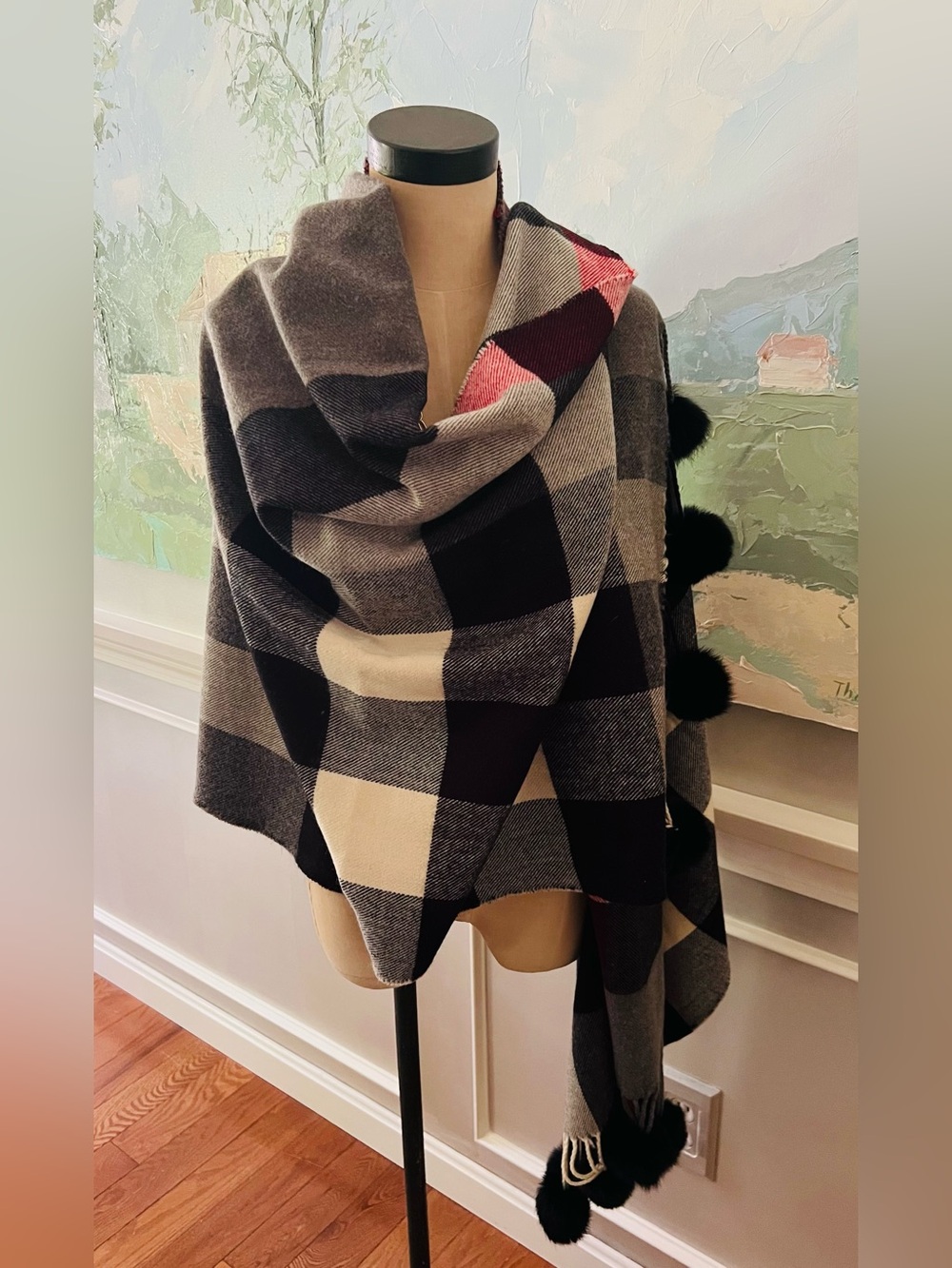NWOT PLAID WRAP w/FUR POM POMS